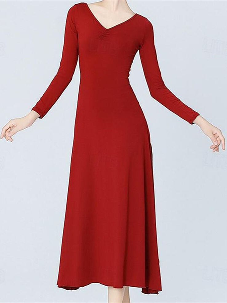 Vêtements de Danse pour Femmes Danse Latine Robe de Danse de Salon Couleur Pure Entraînement pour Femmes Manches Longues