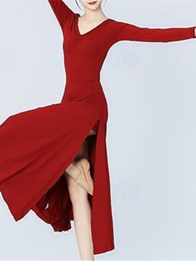 Vêtements de Danse pour Femmes Danse Latine Robe de Danse de Salon Couleur Pure Entraînement pour Femmes Manches Longues