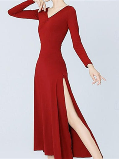 Vêtements de Danse pour Femmes Danse Latine Robe de Danse de Salon Couleur Pure Entraînement pour Femmes Manches Longues