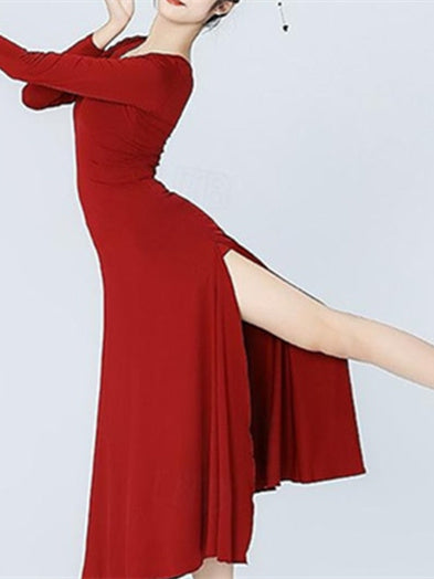 Vêtements de Danse pour Femmes Danse Latine Robe de Danse de Salon Couleur Pure Entraînement pour Femmes Manches Longues