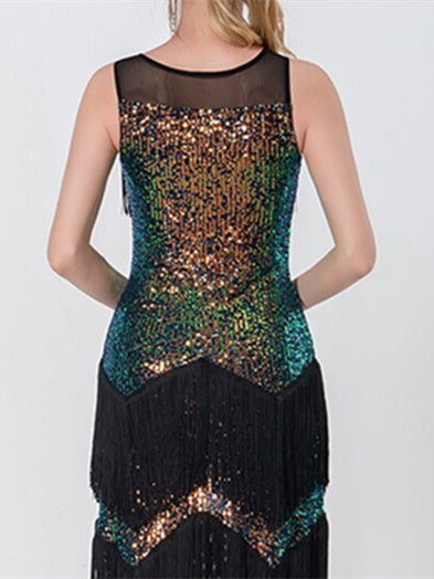 Vêtements de Danse pour Femmes, Robe de Danse Latine, Pompon, Épissure de Couleur Pure, Entraînement de Performance pour Femmes, Sans Manches