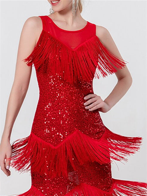 Vêtements de Danse pour Femmes, Robe de Danse Latine, Pompon, Épissure de Couleur Pure, Entraînement de Performance pour Femmes, Sans Manches