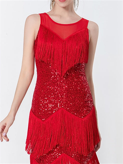 Vêtements de Danse pour Femmes, Robe de Danse Latine, Pompon, Épissure de Couleur Pure, Entraînement de Performance pour Femmes, Sans Manches