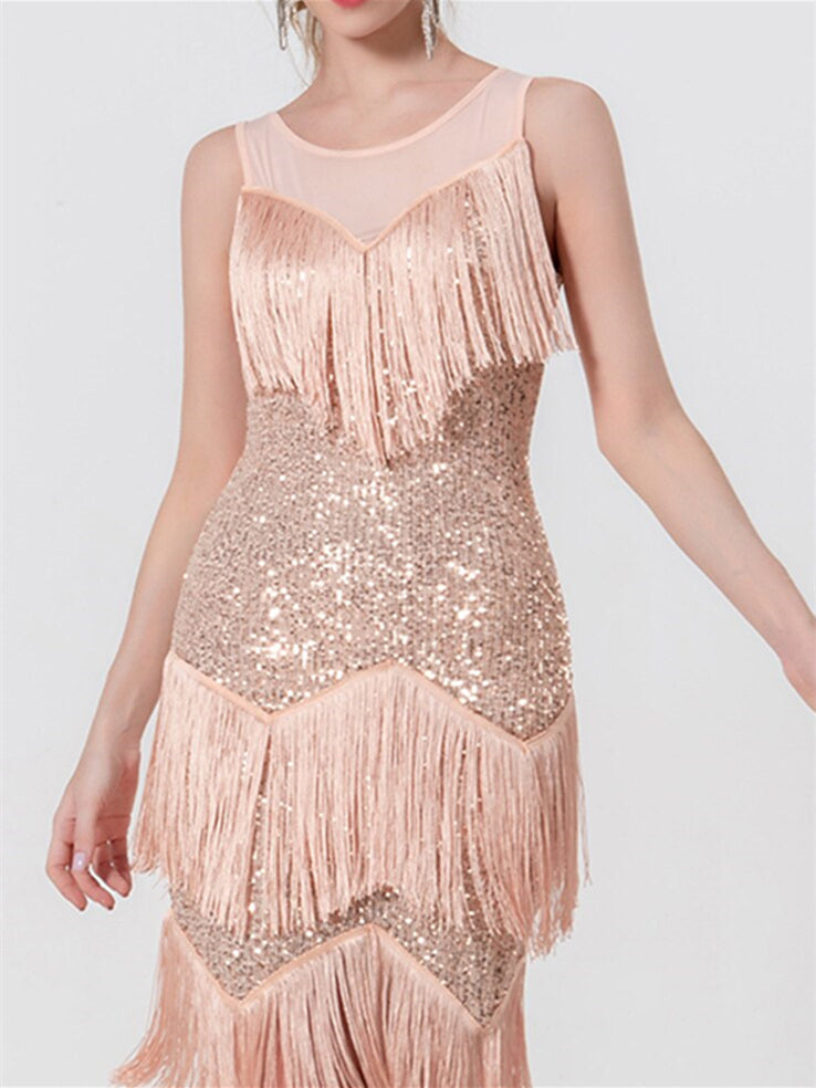 Vêtements de Danse pour Femmes, Robe de Danse Latine, Pompon, Épissure de Couleur Pure, Entraînement de Performance pour Femmes, Sans Manches