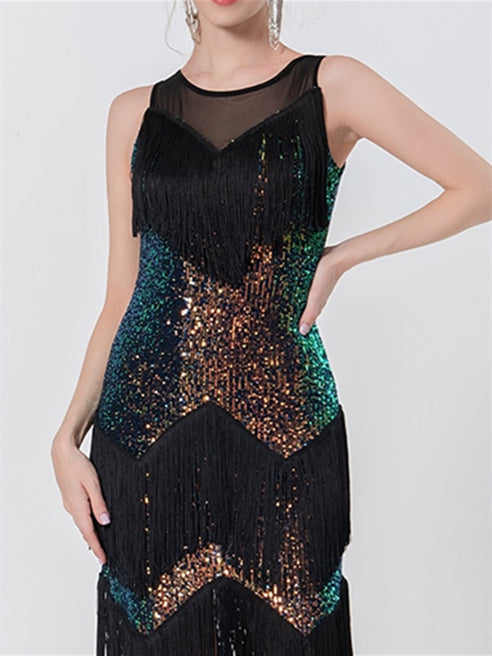 Vêtements de Danse pour Femmes, Robe de Danse Latine, Pompon, Épissure de Couleur Pure, Entraînement de Performance pour Femmes, Sans Manches