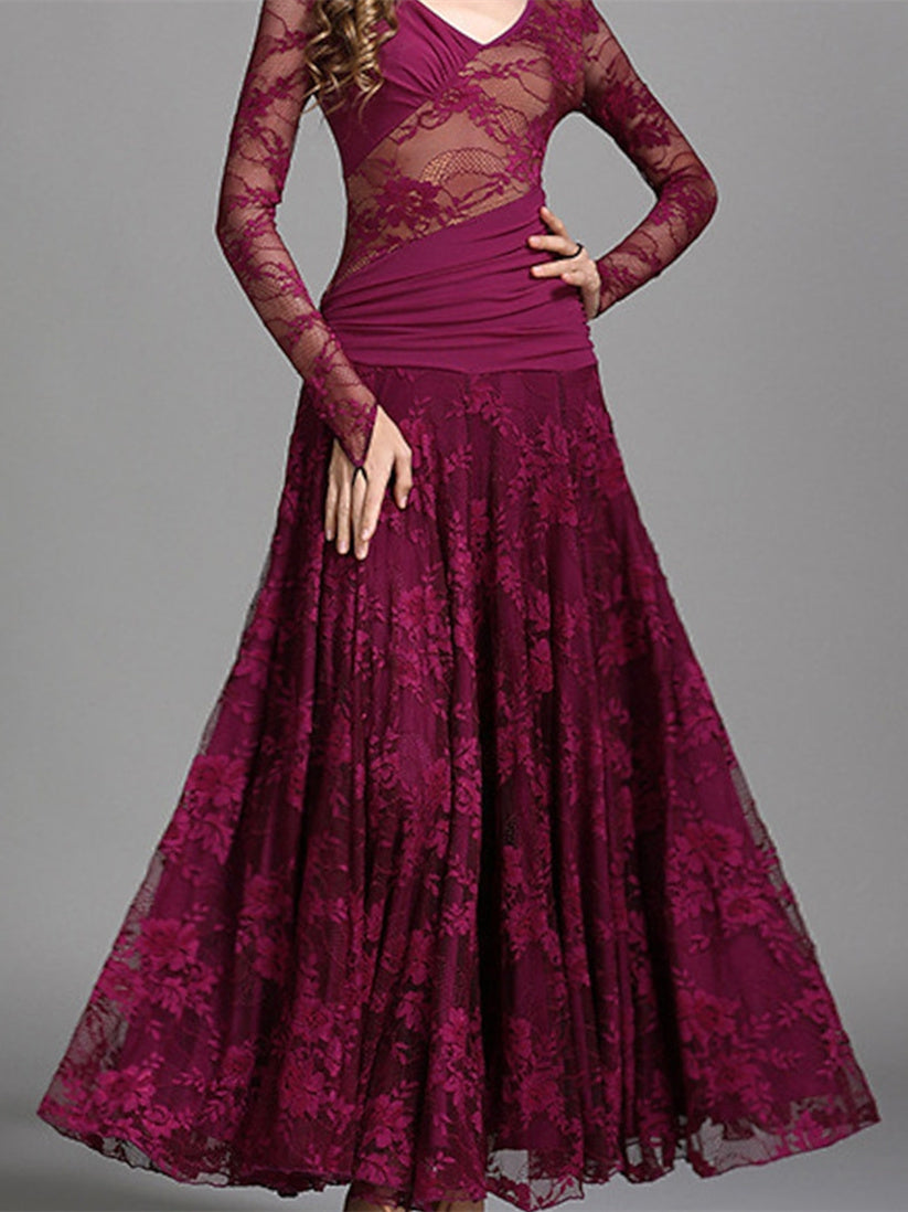 Robe de Danse de Salon pour Femmes, Tenue de Danse de Salon, Froncée, Fendue, Entraînement de Performance pour Femmes, Manches Longues