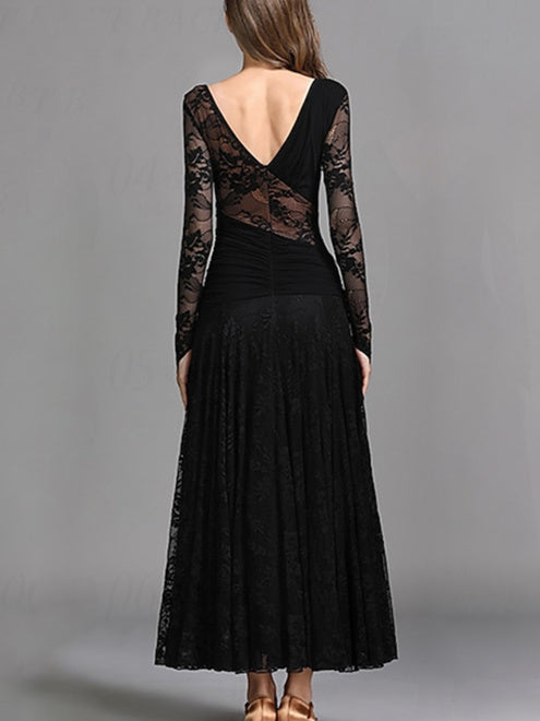 Robe de Danse de Salon pour Femmes, Tenue de Danse de Salon, Froncée, Fendue, Entraînement de Performance pour Femmes, Manches Longues