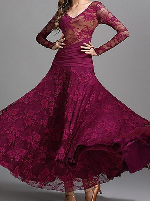 Robe de Danse de Salon pour Femmes, Tenue de Danse de Salon, Froncée, Fendue, Entraînement de Performance pour Femmes, Manches Longues