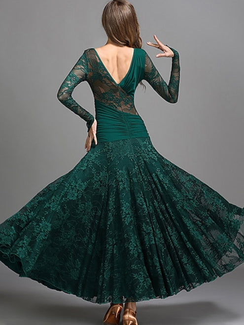 Robe de Danse de Salon pour Femmes, Tenue de Danse de Salon, Froncée, Fendue, Entraînement de Performance pour Femmes, Manches Longues