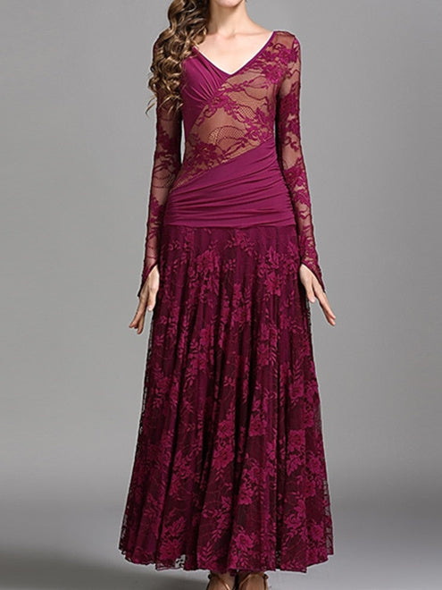 Robe de Danse de Salon pour Femmes, Tenue de Danse de Salon, Froncée, Fendue, Entraînement de Performance pour Femmes, Manches Longues