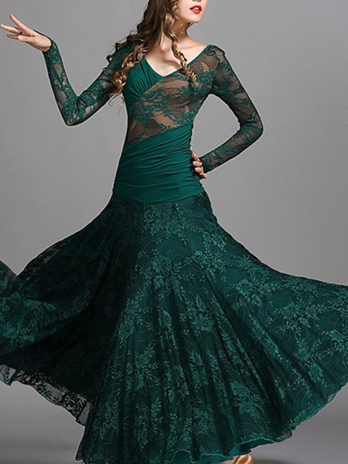 Robe de Danse de Salon pour Femmes, Tenue de Danse de Salon, Froncée, Fendue, Entraînement de Performance pour Femmes, Manches Longues