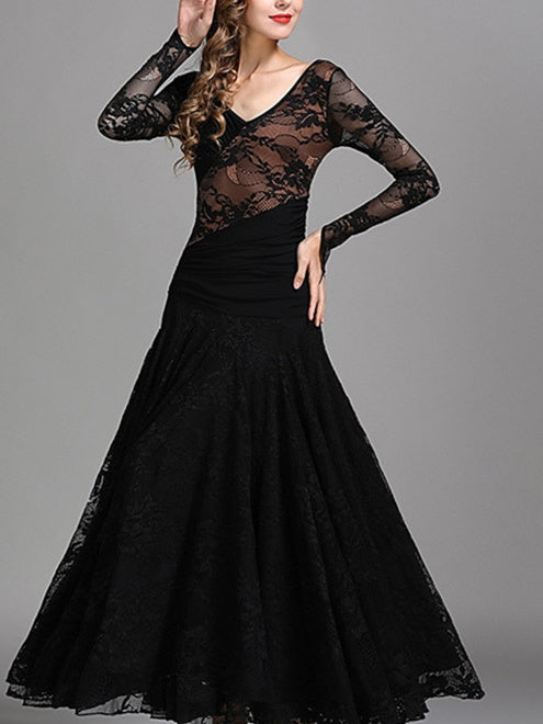 Robe de Danse de Salon pour Femmes, Tenue de Danse de Salon, Froncée, Fendue, Entraînement de Performance pour Femmes, Manches Longues