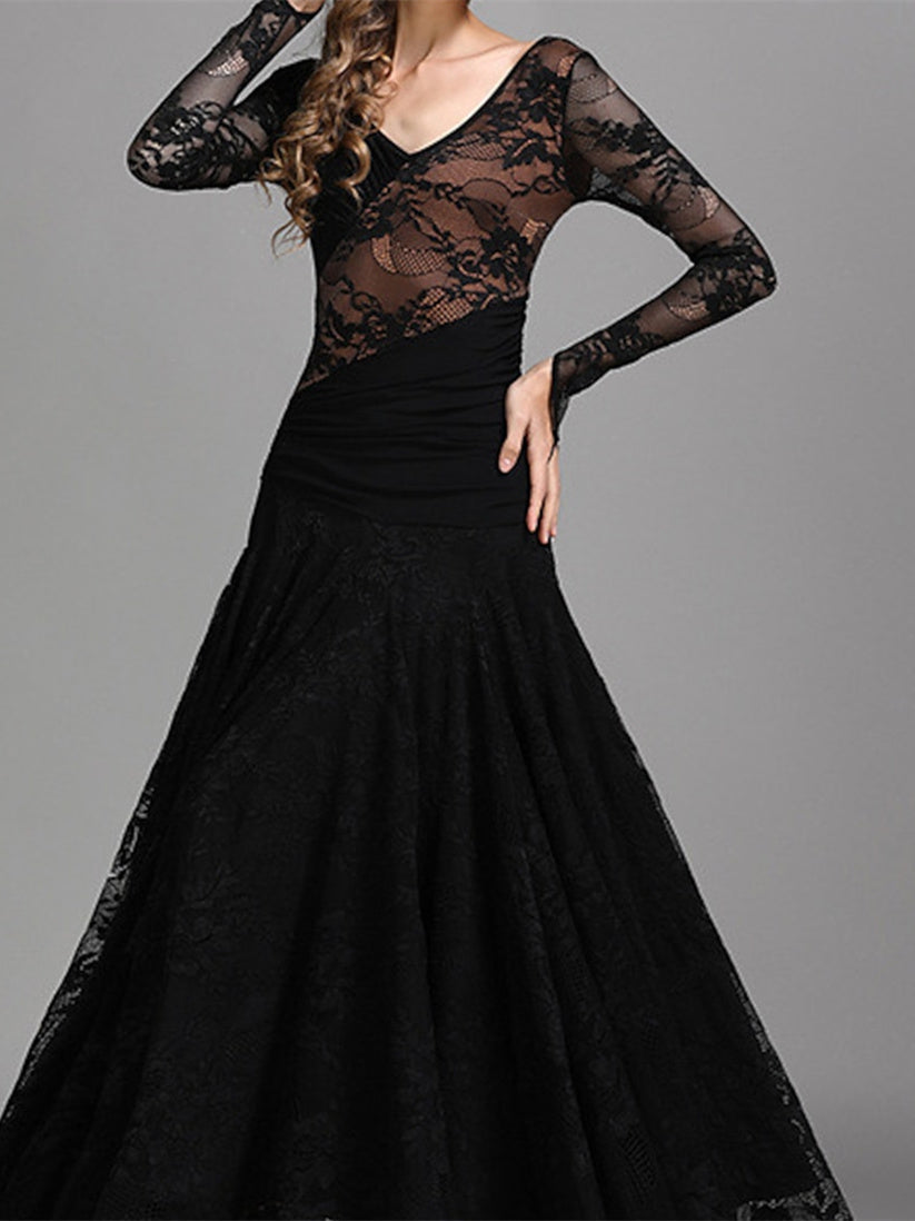 Robe de Danse de Salon pour Femmes, Tenue de Danse de Salon, Froncée, Fendue, Entraînement de Performance pour Femmes, Manches Longues