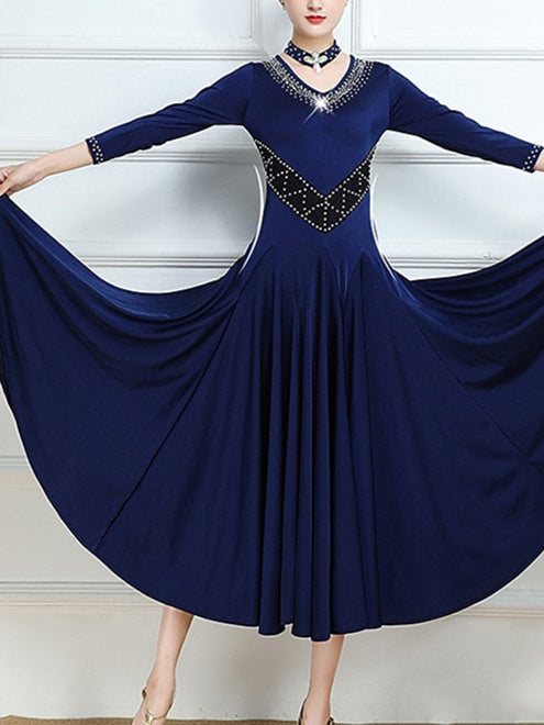 Robe de Danse de Salon pour Femmes avec Cristaux/Strass et Manches 3/4 pour Entraînement de Performance pour Femmes