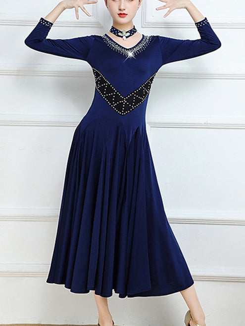 Robe de Danse de Salon pour Femmes avec Cristaux/Strass et Manches 3/4 pour Entraînement de Performance pour Femmes