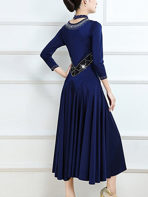 Robe de Danse de Salon pour Femmes avec Cristaux/Strass et Manches 3/4 pour Entraînement de Performance pour Femmes