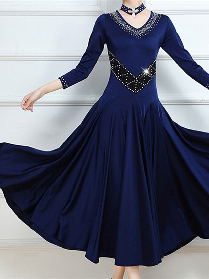 Robe de Danse de Salon pour Femmes avec Cristaux/Strass et Manches 3/4 pour Entraînement de Performance pour Femmes