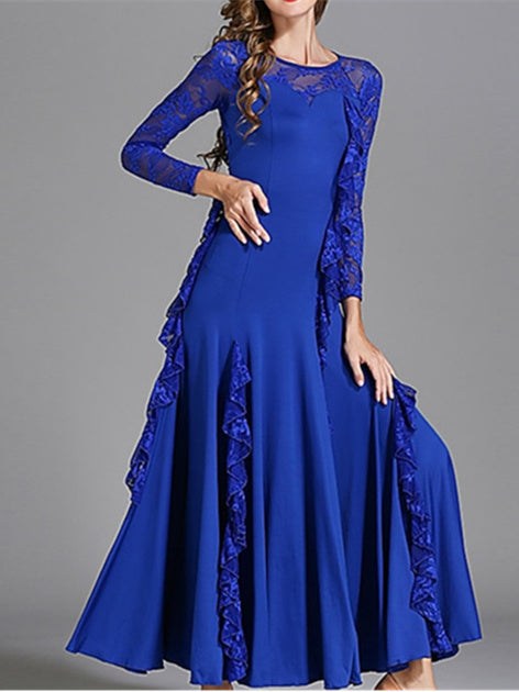 Robe de Danse de Salon pour Femmes, Robe de Danse de Salon en Tulle de Couleur Pure, Manches Longues pour Femmes