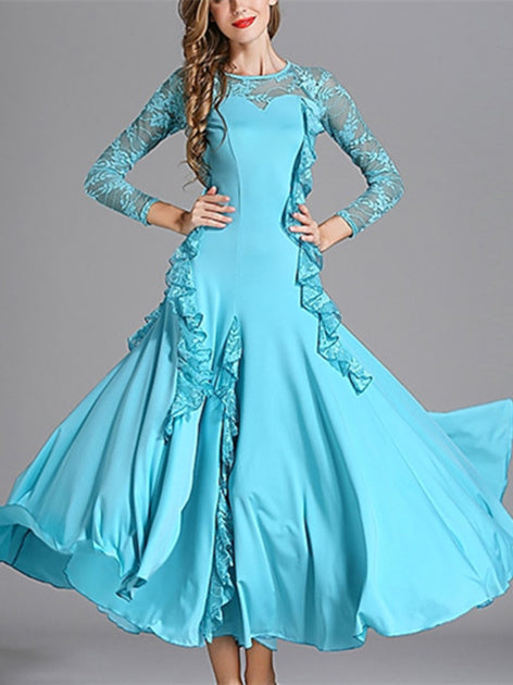 Robe de Danse de Salon pour Femmes, Robe de Danse de Salon en Tulle de Couleur Pure, Manches Longues pour Femmes