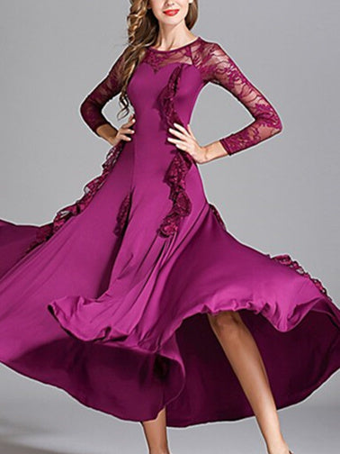 Robe de Danse de Salon pour Femmes, Robe de Danse de Salon en Tulle de Couleur Pure, Manches Longues pour Femmes