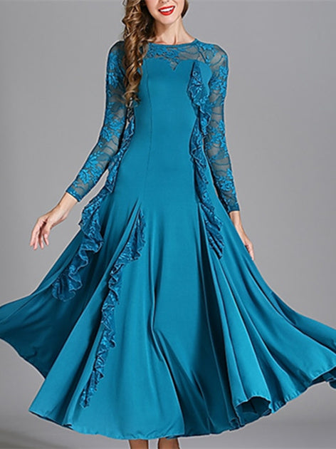 Robe de Danse de Salon pour Femmes, Robe de Danse de Salon en Tulle de Couleur Pure, Manches Longues pour Femmes