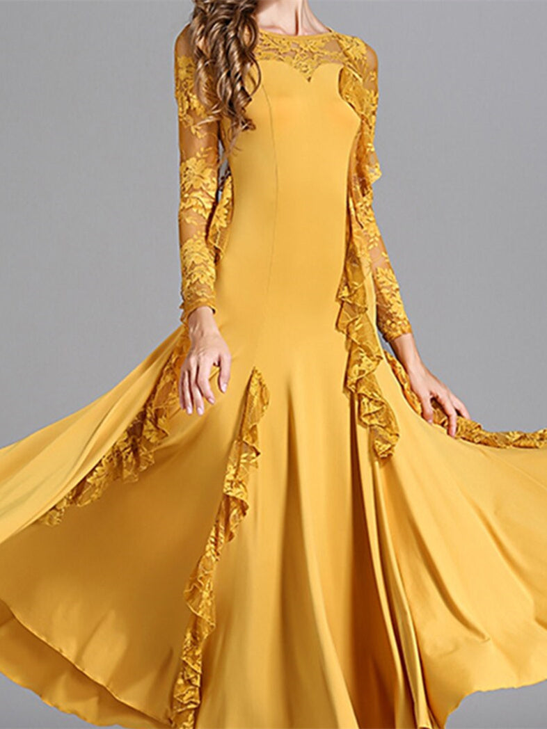 Robe de Danse de Salon pour Femmes, Robe de Danse de Salon en Tulle de Couleur Pure, Manches Longues pour Femmes