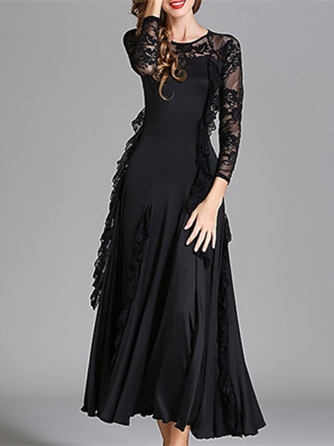 Robe de Danse de Salon pour Femmes, Robe de Danse de Salon en Tulle de Couleur Pure, Manches Longues pour Femmes