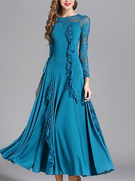 Robe de Danse de Salon pour Femmes, Robe de Danse de Salon en Tulle de Couleur Pure, Manches Longues pour Femmes