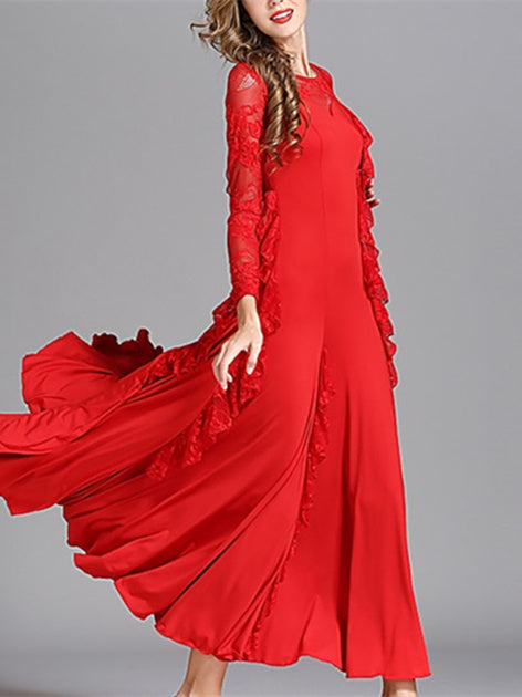 Robe de Danse de Salon pour Femmes, Robe de Danse de Salon en Tulle de Couleur Pure, Manches Longues pour Femmes