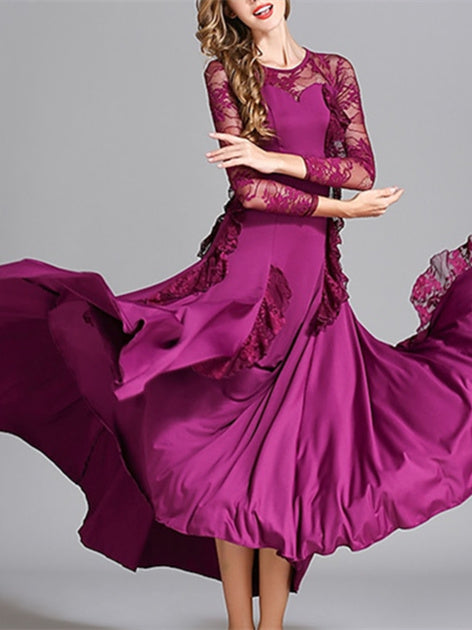 Robe de Danse de Salon pour Femmes, Robe de Danse de Salon en Tulle de Couleur Pure, Manches Longues pour Femmes