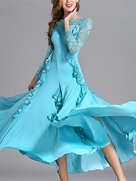 Robe de Danse de Salon pour Femmes, Robe de Danse de Salon en Tulle de Couleur Pure, Manches Longues pour Femmes