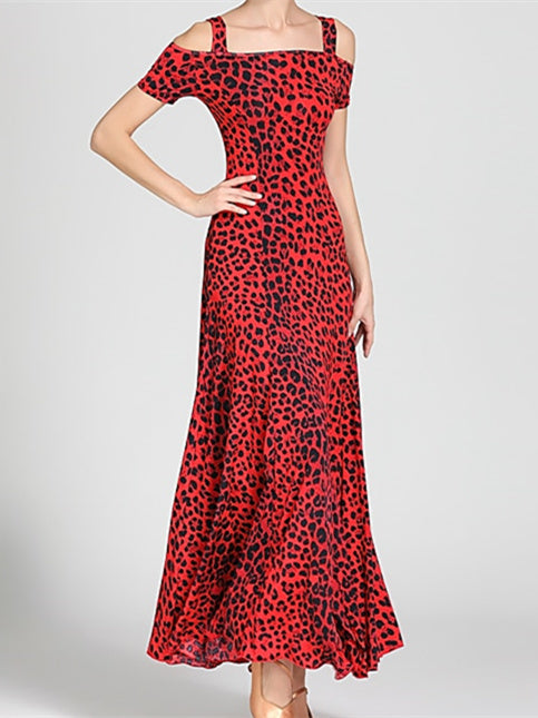 Robe de Danse de Salon pour Femmes, Motif Drapé/Imprimé, Tenue de Spectacle à Manches Courtes pour Femmes