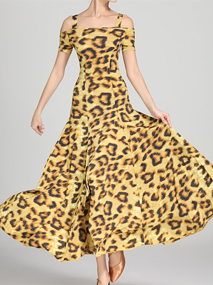 Robe de Danse de Salon pour Femmes, Motif Drapé/Imprimé, Tenue de Spectacle à Manches Courtes pour Femmes