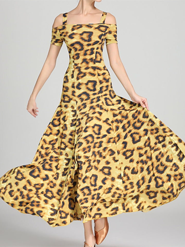 Robe de Danse de Salon pour Femmes, Motif Drapé/Imprimé, Tenue de Spectacle à Manches Courtes pour Femmes