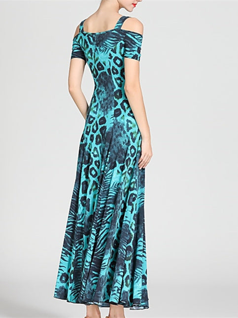 Robe de Danse de Salon pour Femmes, Motif Drapé/Imprimé, Tenue de Spectacle à Manches Courtes pour Femmes