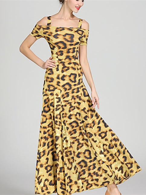 Robe de Danse de Salon pour Femmes, Motif Drapé/Imprimé, Tenue de Spectacle à Manches Courtes pour Femmes