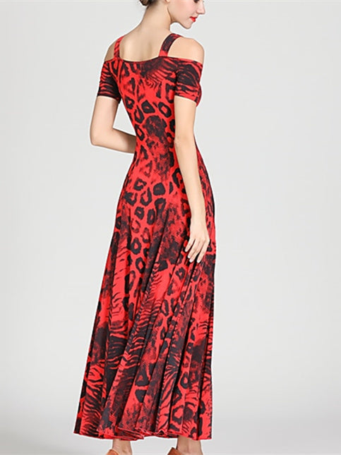 Robe de Danse de Salon pour Femmes, Motif Drapé/Imprimé, Tenue de Spectacle à Manches Courtes pour Femmes