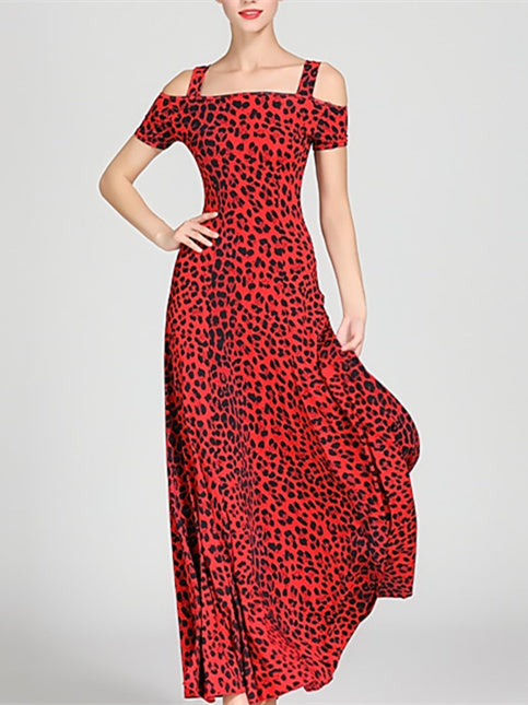 Robe de Danse de Salon pour Femmes, Motif Drapé/Imprimé, Tenue de Spectacle à Manches Courtes pour Femmes