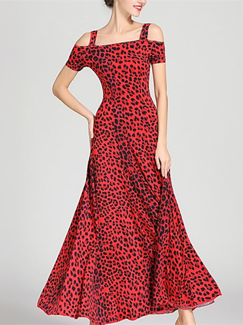 Robe de Danse de Salon pour Femmes, Motif Drapé/Imprimé, Tenue de Spectacle à Manches Courtes pour Femmes