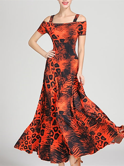 Robe de Danse de Salon pour Femmes, Motif Drapé/Imprimé, Tenue de Spectacle à Manches Courtes pour Femmes