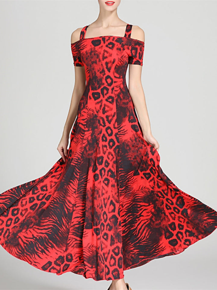 Robe de Danse de Salon pour Femmes, Motif Drapé/Imprimé, Tenue de Spectacle à Manches Courtes pour Femmes