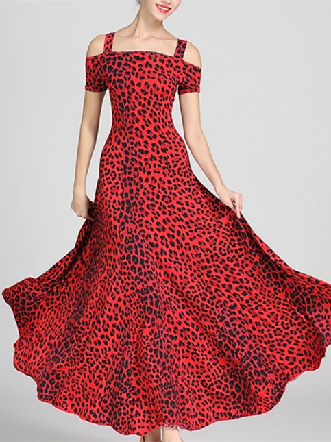 Robe de Danse de Salon pour Femmes, Motif Drapé/Imprimé, Tenue de Spectacle à Manches Courtes pour Femmes