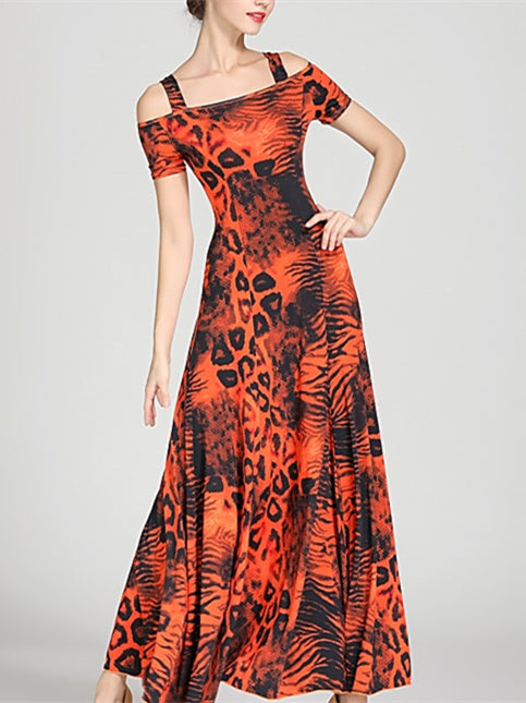 Robe de Danse de Salon pour Femmes, Motif Drapé/Imprimé, Tenue de Spectacle à Manches Courtes pour Femmes