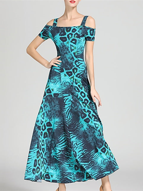 Robe de Danse de Salon pour Femmes, Motif Drapé/Imprimé, Tenue de Spectacle à Manches Courtes pour Femmes