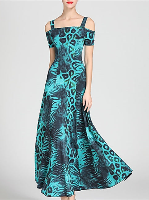 Robe de Danse de Salon pour Femmes, Motif Drapé/Imprimé, Tenue de Spectacle à Manches Courtes pour Femmes