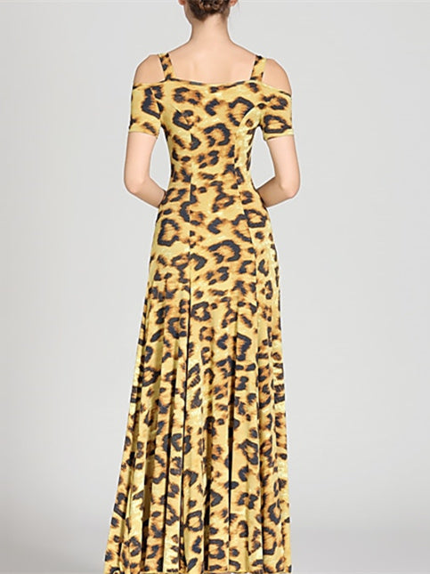 Robe de Danse de Salon pour Femmes, Motif Drapé/Imprimé, Tenue de Spectacle à Manches Courtes pour Femmes