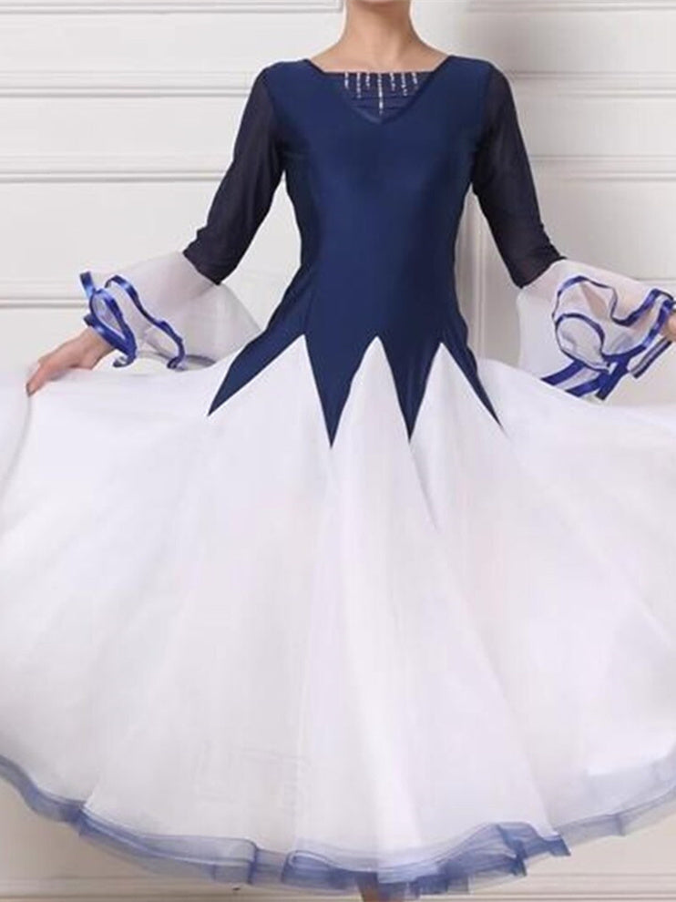 Robe de Danse de Salon pour Femmes avec Cristaux/Strass et Manches Longues pour Femmes