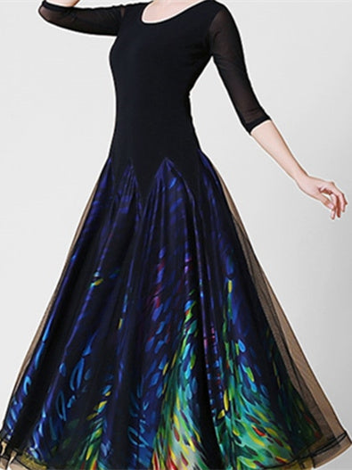 Robe de Danse de Salon pour Femmes, Tenue de Danse de Salon à Paillettes, Manches 3/4, pour Spectacle Féminin