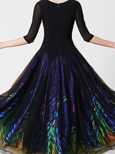 Robe de Danse de Salon pour Femmes, Tenue de Danse de Salon à Paillettes, Manches 3/4, pour Spectacle Féminin