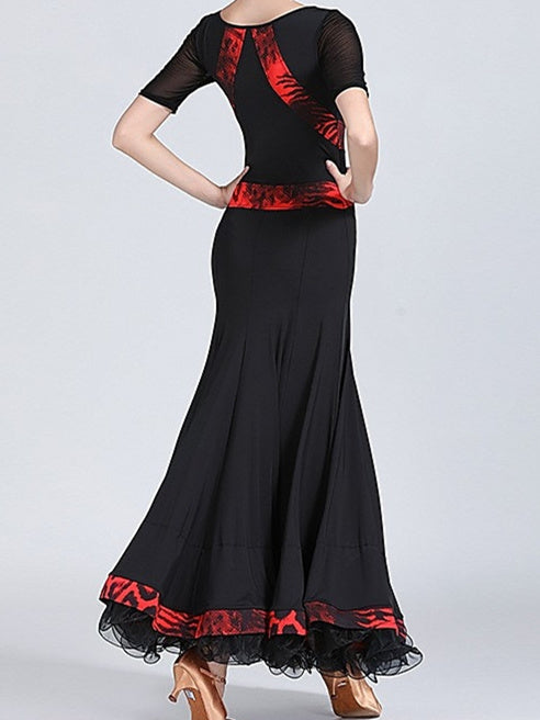 Vêtements de Danse pour Femmes Robe de Danse de Salon Imprimée Entraînement de Performance pour Femmes à Manches Courtes